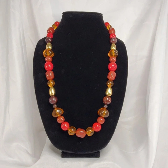 Monet Jewelry - VTG MONET LUCITE NECKLACE RED Amber Gold CHUNKY Marble BEADED Signed 29" Boho